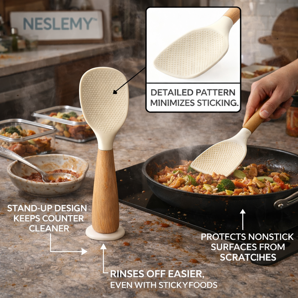 NESLEMY™ Stand-Up Silicone Spoonula (Wood Handle)  Cleaner counter. Faster cleanup. Nonstick-safe.