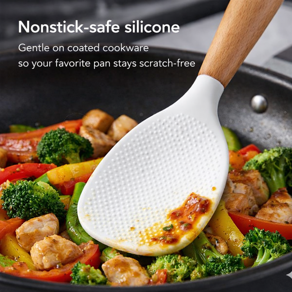 NESLEMY™ Stand-Up Silicone Spoonula (Wood Handle)  Cleaner counter. Faster cleanup. Nonstick-safe.