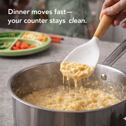NESLEMY™ Stand-Up Silicone Spoonula (Wood Handle)  Cleaner counter. Faster cleanup. Nonstick-safe.