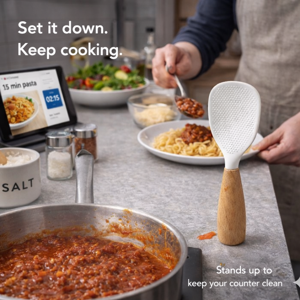 NESLEMY™ Stand-Up Silicone Spoonula (Wood Handle)  Cleaner counter. Faster cleanup. Nonstick-safe.