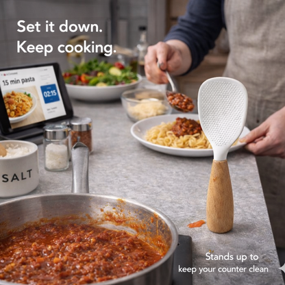 NESLEMY™ Stand-Up Silicone Spoonula (Wood Handle)  Cleaner counter. Faster cleanup. Nonstick-safe.