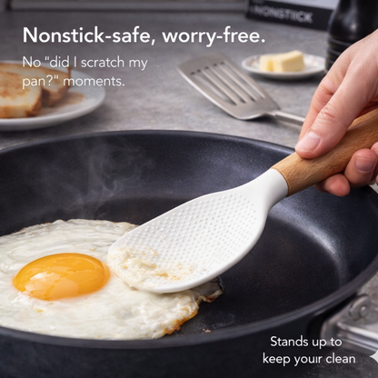 NESLEMY™ Stand-Up Silicone Spoonula (Wood Handle)  Cleaner counter. Faster cleanup. Nonstick-safe.