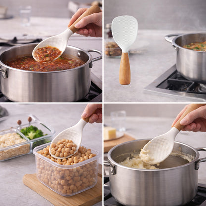 NESLEMY™ Stand-Up Silicone Spoonula (Wood Handle)  Cleaner counter. Faster cleanup. Nonstick-safe.