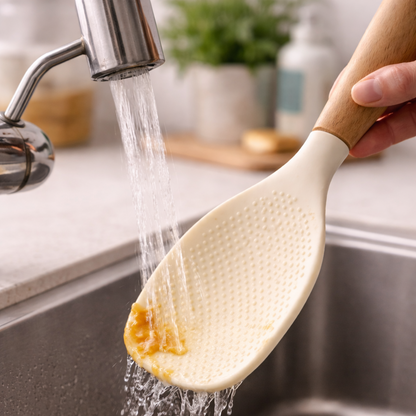 NESLEMY™ Stand-Up Silicone Spoonula (Wood Handle)  Cleaner counter. Faster cleanup. Nonstick-safe.